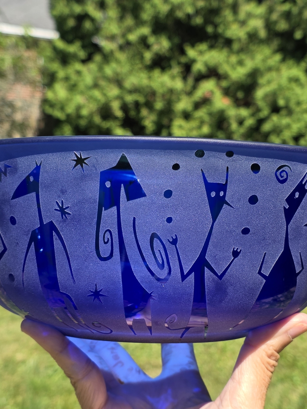 Leandra Drumm Etched Blue Glass Bowl with Whimsical Figures 9"